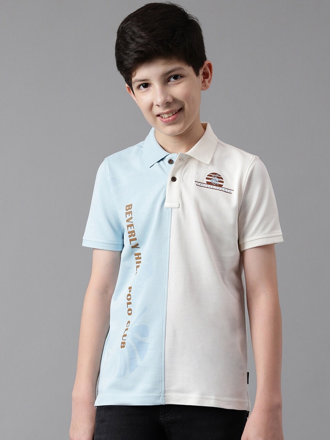 

Beverly Hills Polo Club Boys Colourblocked Polo Collar Pure Cotton T-shirt, Blue