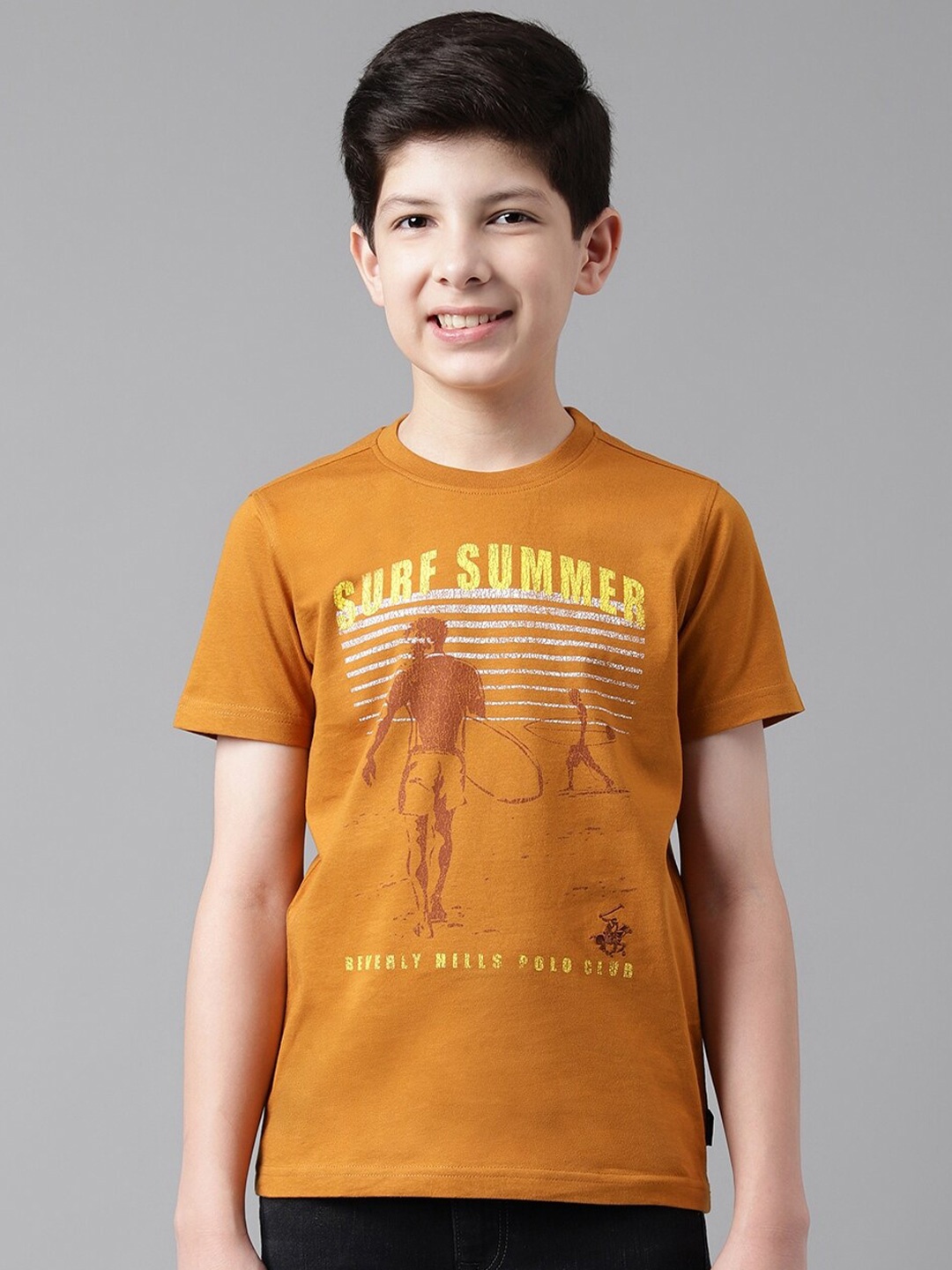 

Beverly Hills Polo Club Boys Typography Printed Pure Cotton T-shirt, Brown