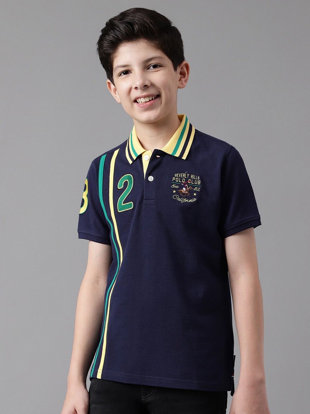 

Beverly Hills Polo Club Boys Striped Polo Collar Pure Cotton T-shirt, Navy blue