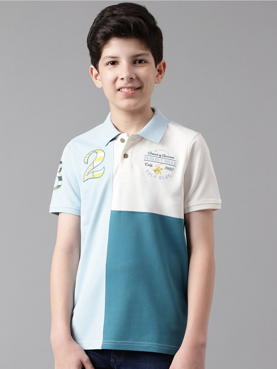 

Beverly Hills Polo Club Boys Blue Colourblocked Polo Collar Pure Cotton T-shirt