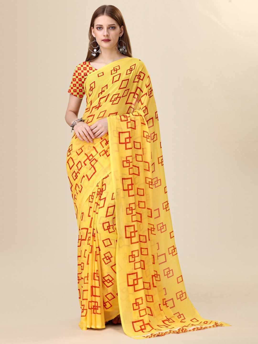 

Dori Geometric Printed Pure Georgette Saree, Yellow