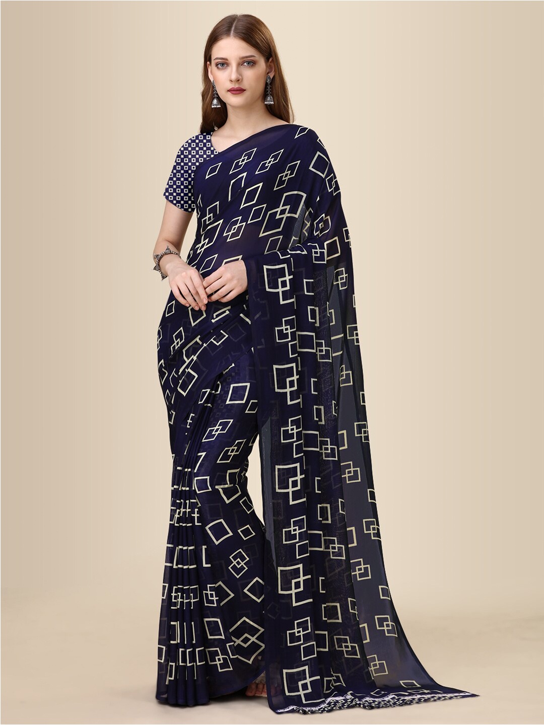 

Dori Geometric Printed Pure Georgette Saree, Navy blue