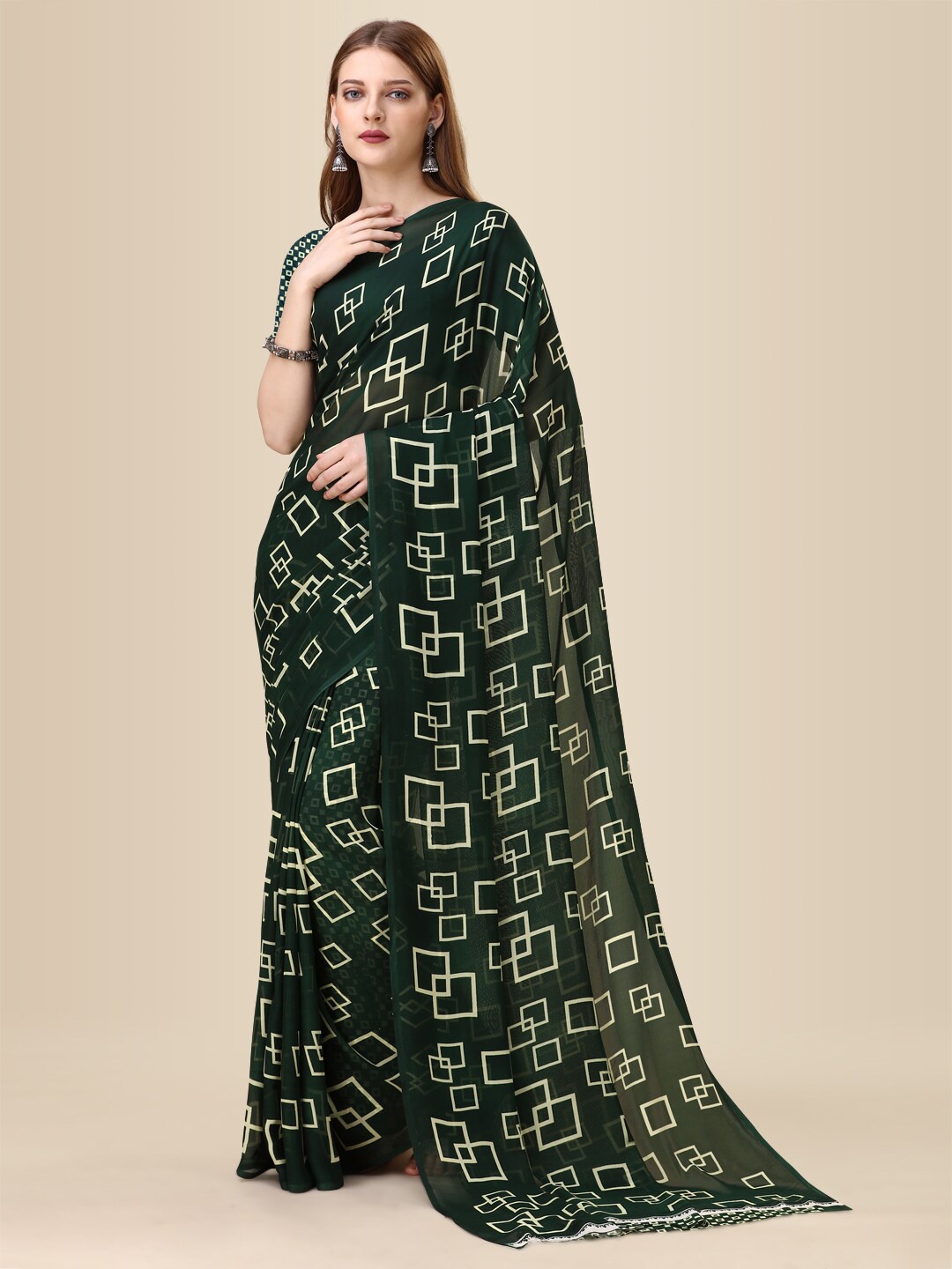 

Dori Geometric Printed Pure Georgette Saree, Green