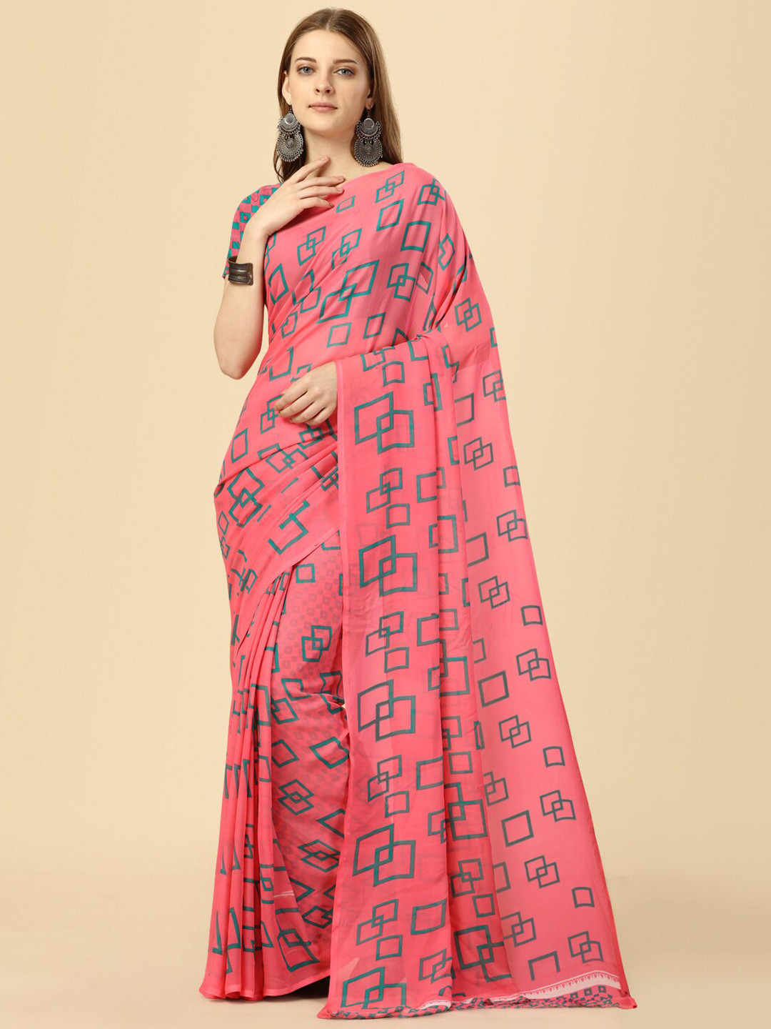 

Dori Geometric Printed Pure Georgette Saree, Pink