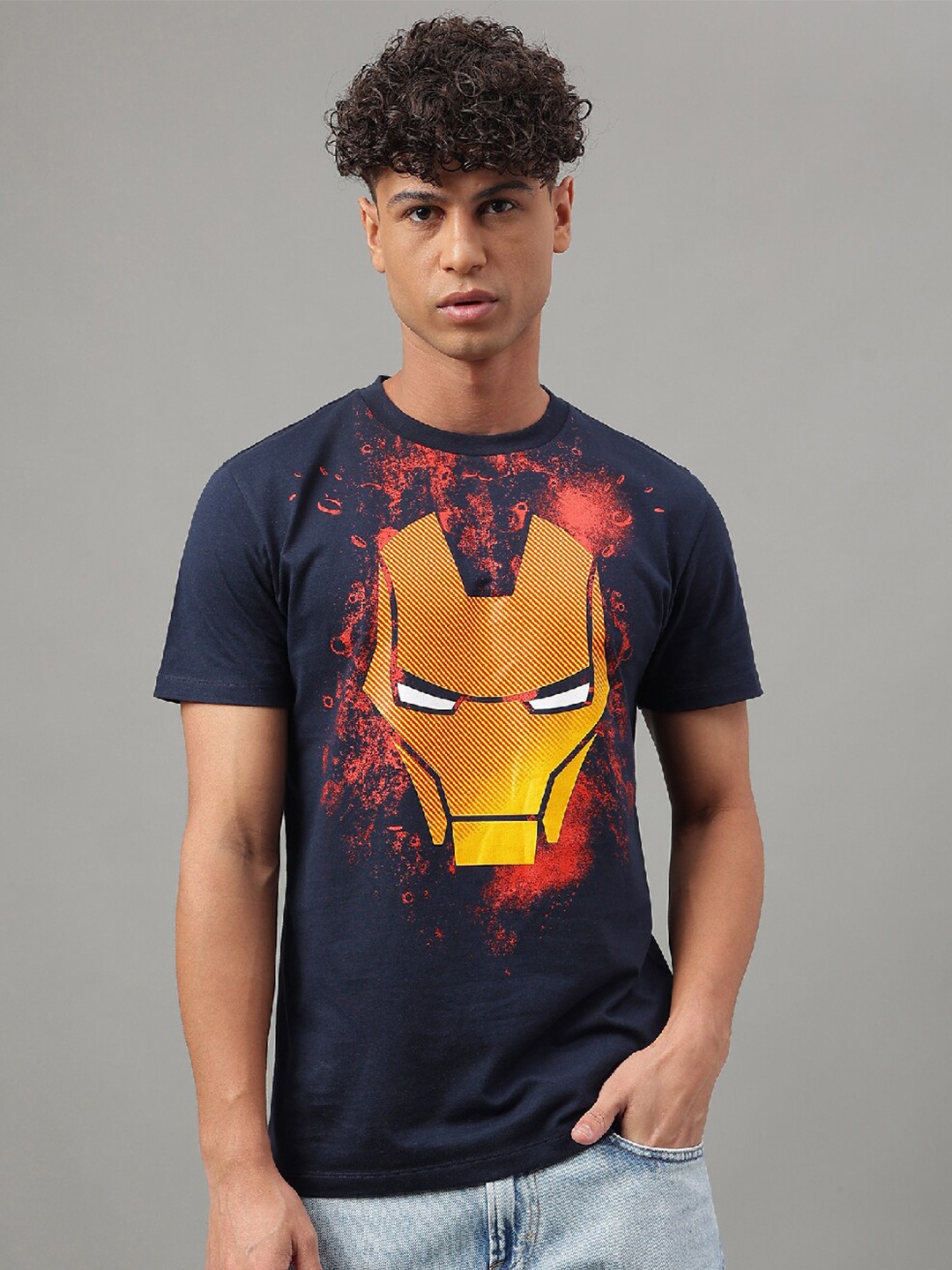 Free Authority Iron Man Graphic Printed Pure Cotton Casual T-Shirt, Navy blue