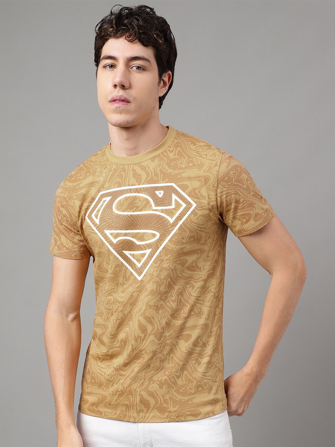 Free Authority Superman Printed Regular Fit Pure Cotton T-Shirt, Beige