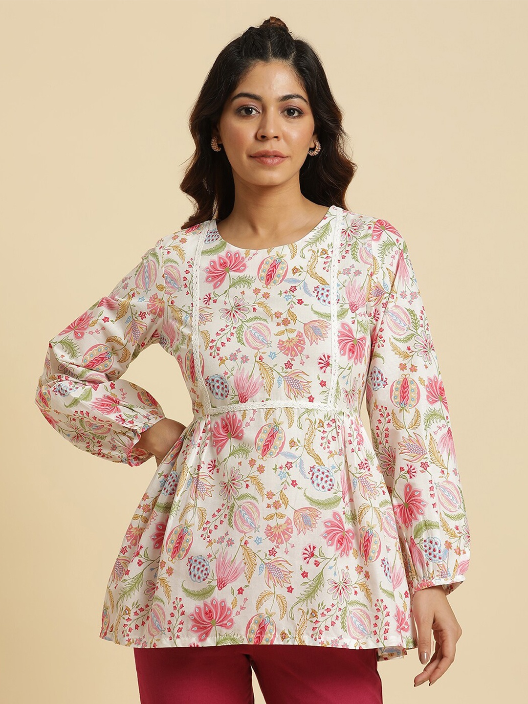 

W White Floral Printed Puff Sleeves Pure Cotton Top