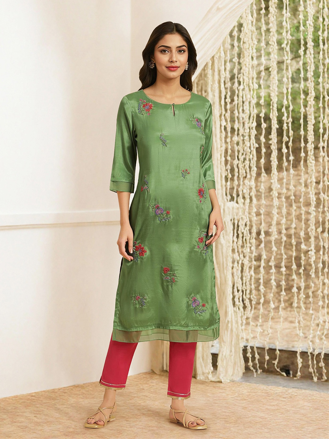 

W Green Floral Embroidered Keyhole Neck Kurta