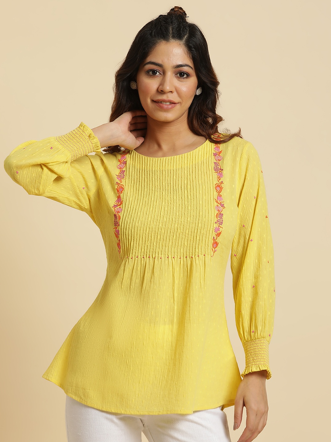 

W Floral Embroidered Pleated Cotton Regular Top, Yellow