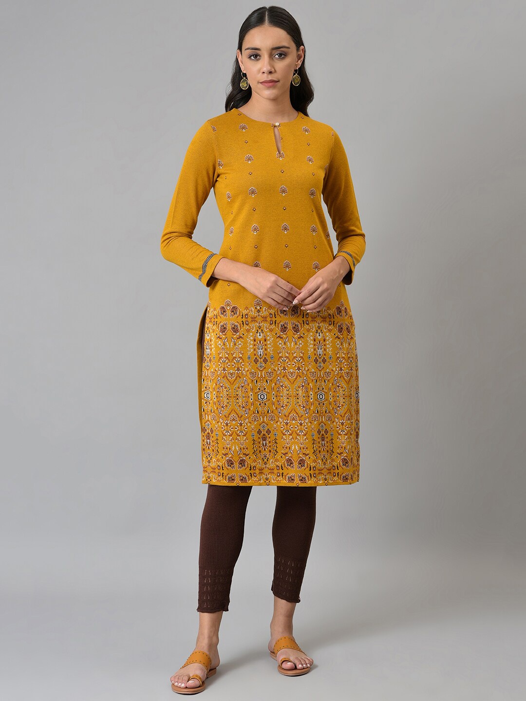

W Floral Embroidered Keyhole Neck Straight Kurta, Mustard