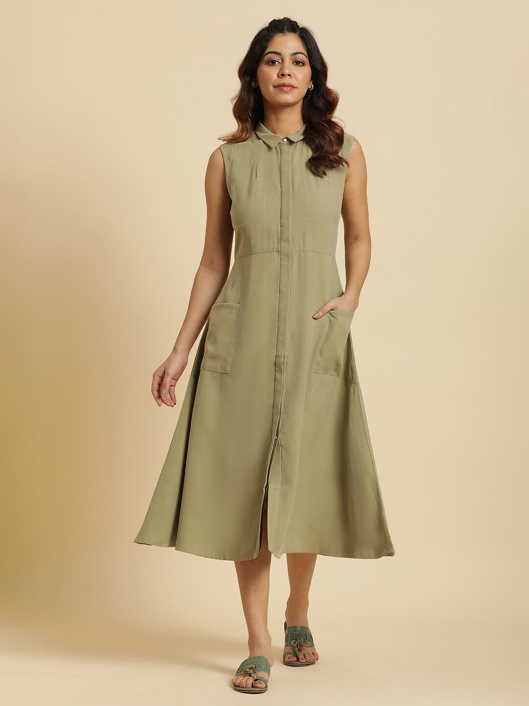 

W Shirt Collar A-Line Dress, Green