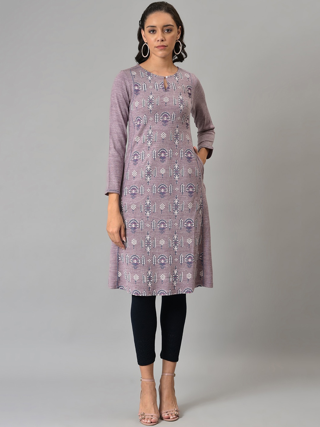 

W Green Ethnic Motifs Embroidered Keyhole Neck Thread Work Pure Acrylic A-Line Kurta, Purple