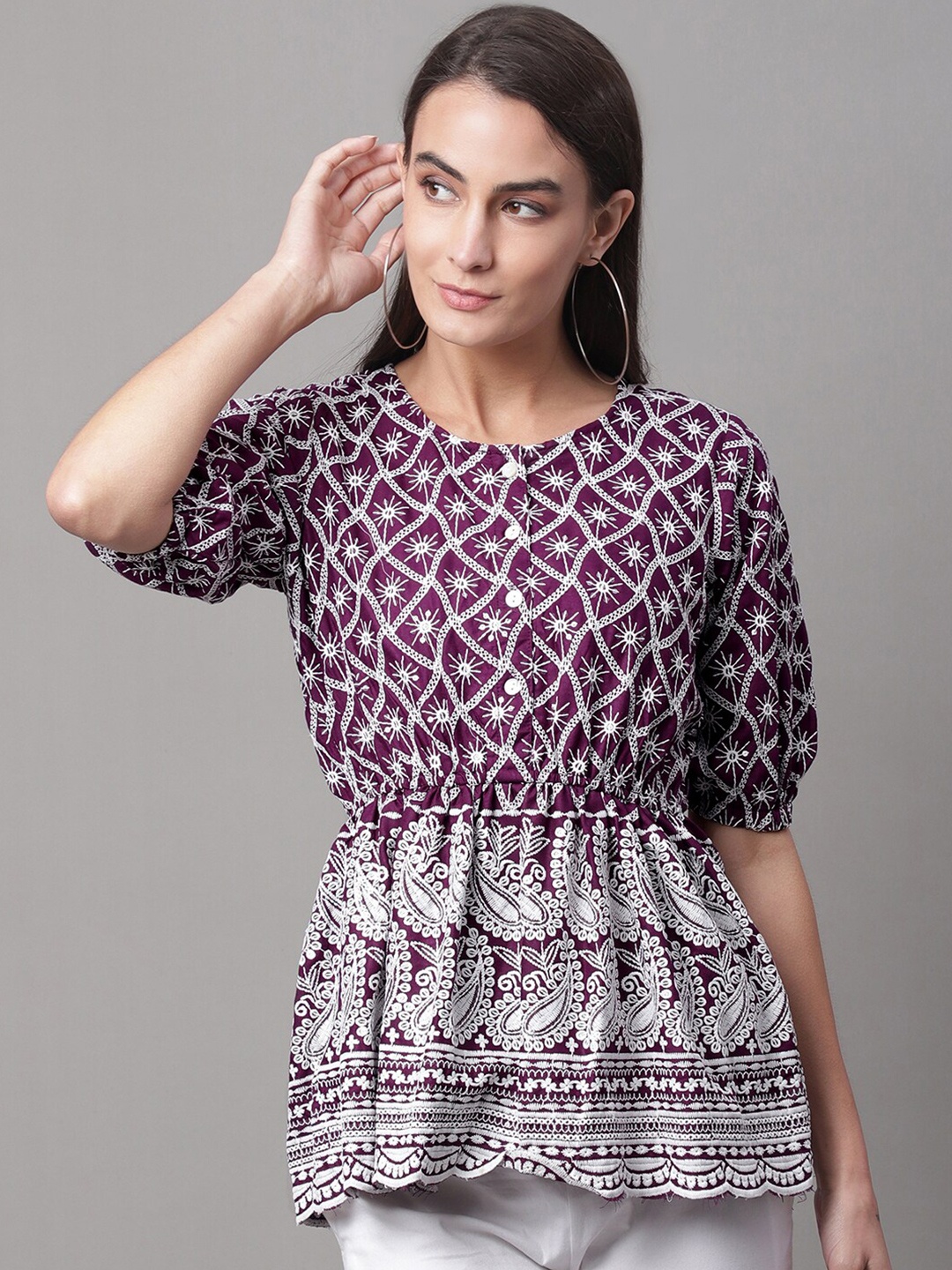 

JAINISH Geometric Embroidered Puffed Sleeves Sequined Cinched Waist Top, Purple