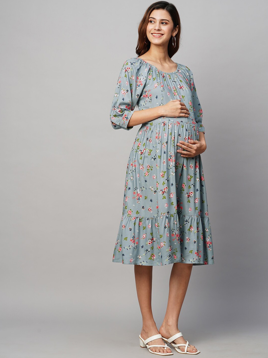 

MomToBe Floral Printed Puffed Sleeve Maternity A-Line Sustainable Dress, Blue