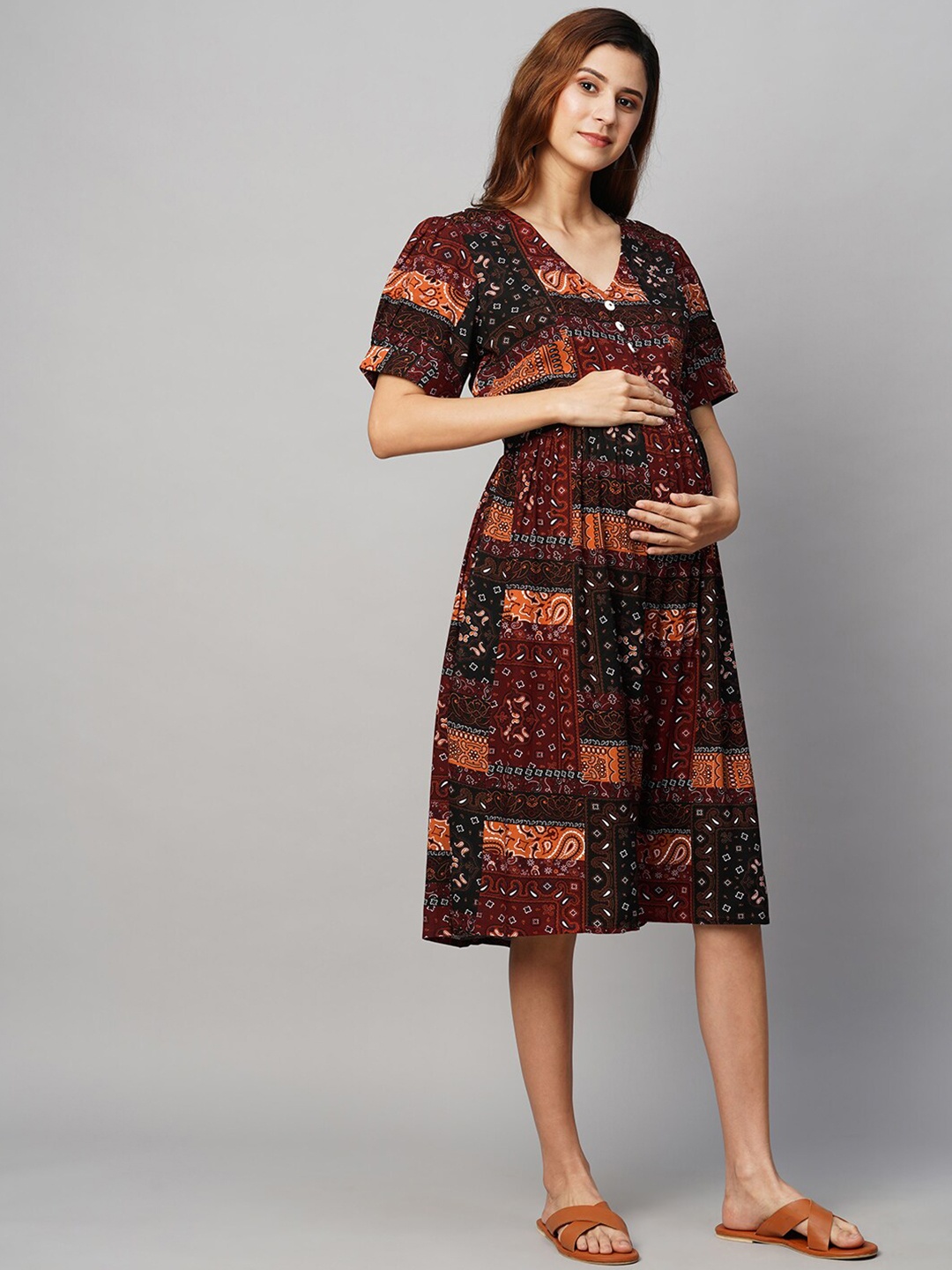 

MomToBe Ethnic Motifs Printed Puffed Sleeve Maternity Fit & Flare Dress, Maroon