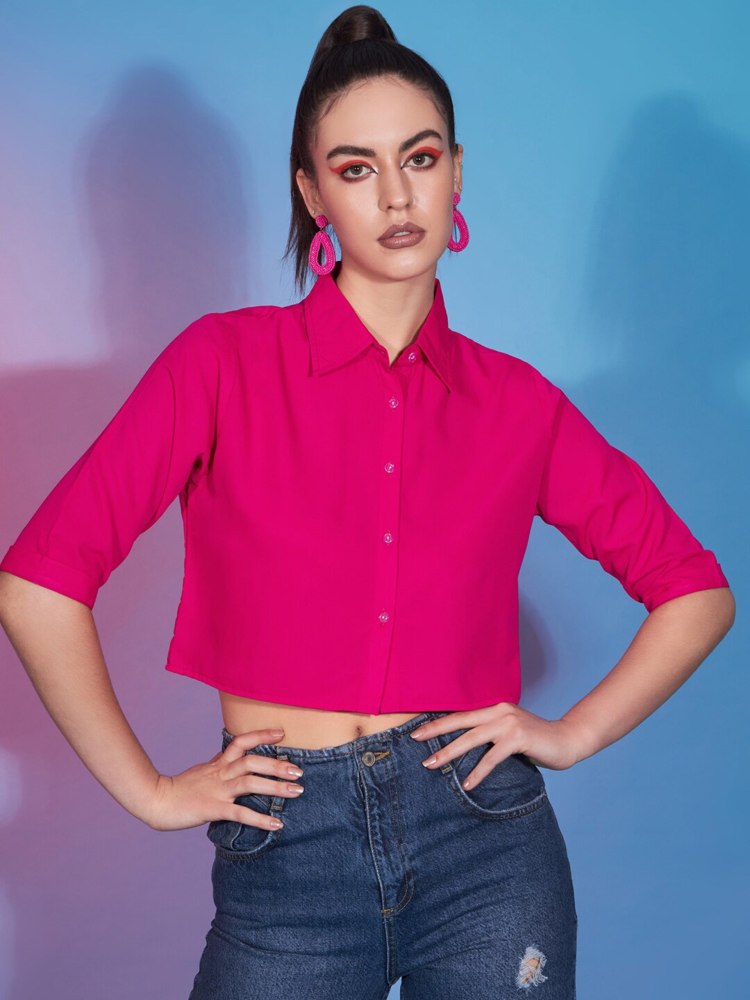 

Funday Fashion Spread Collar Crop Casual Shirt, Pink