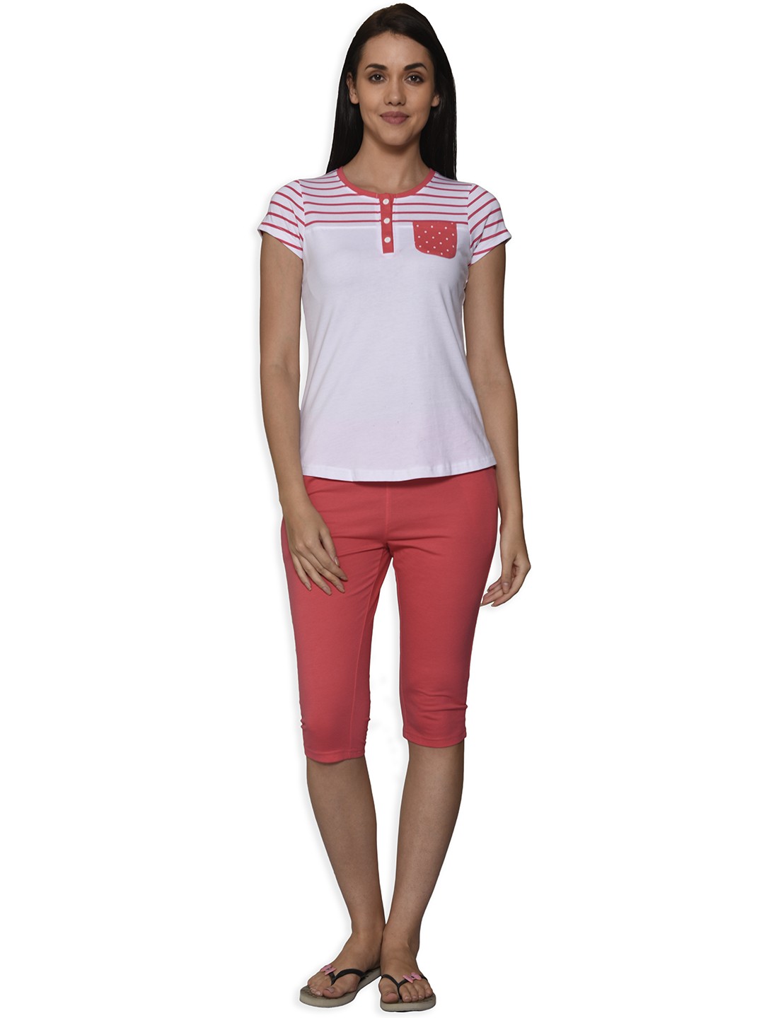 

Sweet Dreams Women Coral Orange & White Solid Night Suit 215318