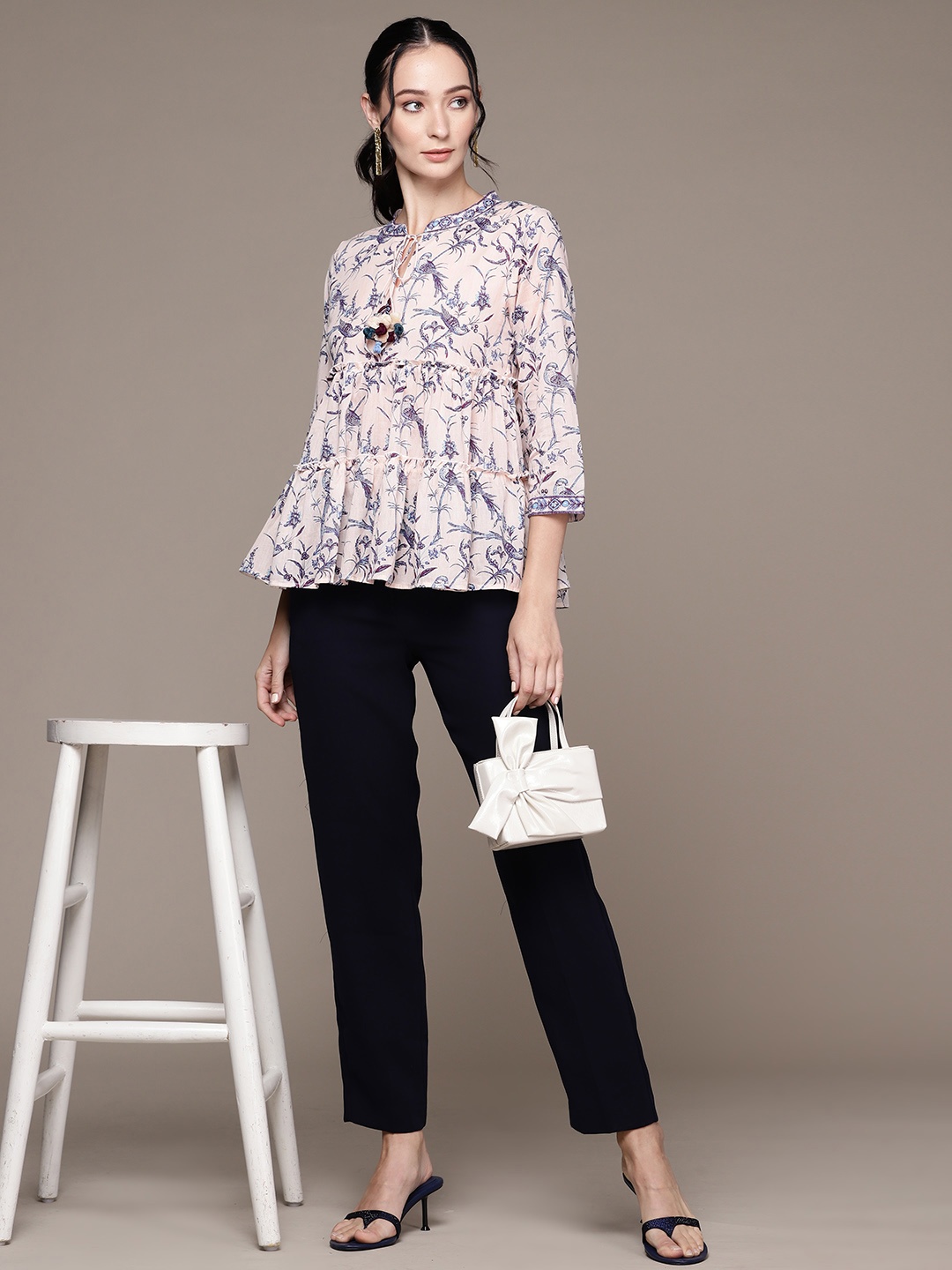 

aarke Ritu Kumar Off White Floral Print Tie-Up Neck Cotton Top