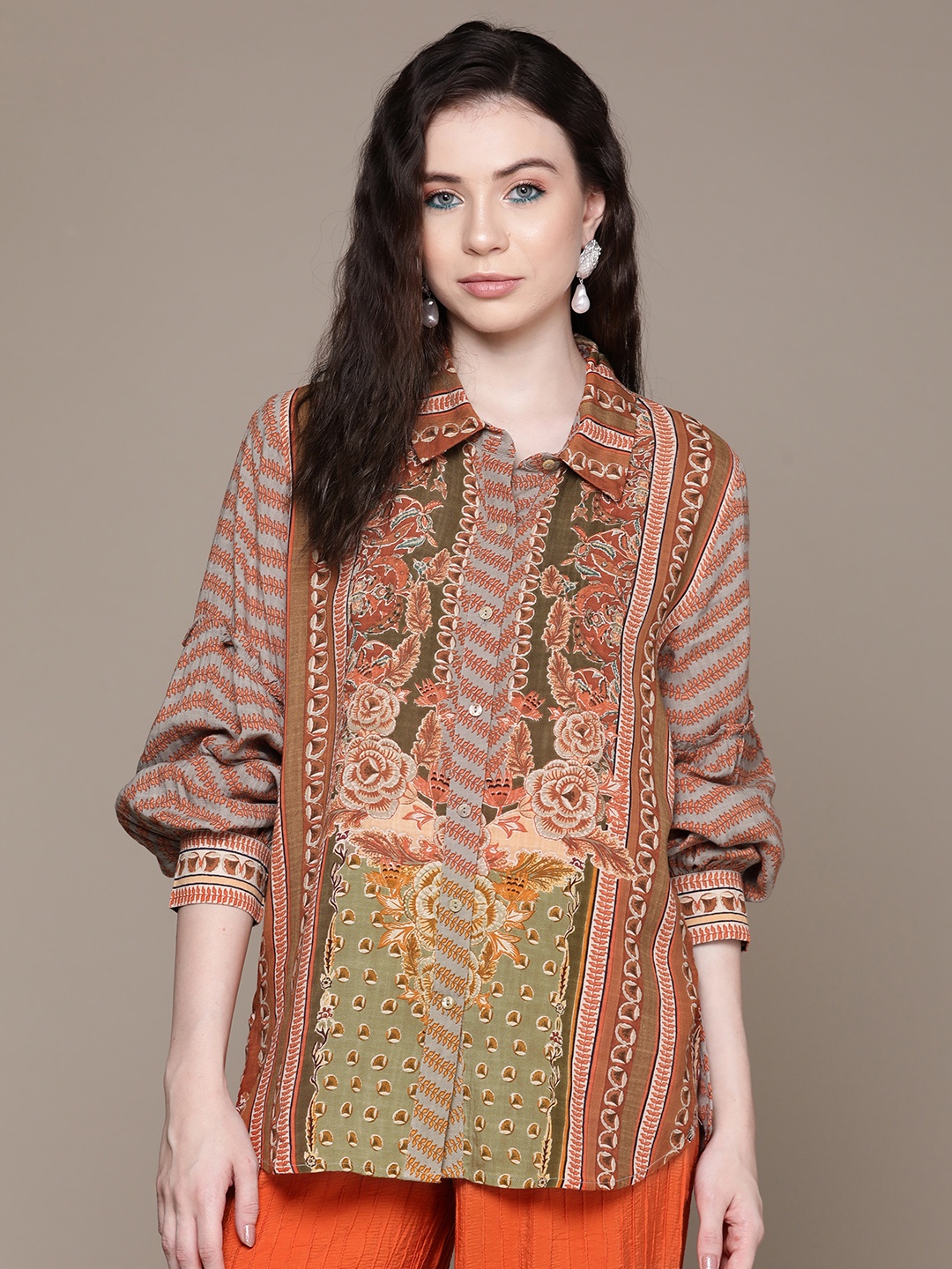 

aarke Ritu Kumar Women Orange Relaxed Opaque Printed Casual Shirt