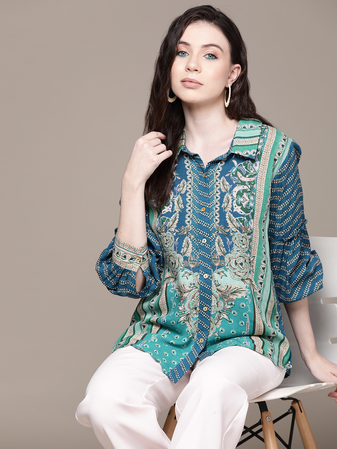 

aarke Ritu Kumar Women Blue Relaxed Floral Opaque Printed Casual Shirt