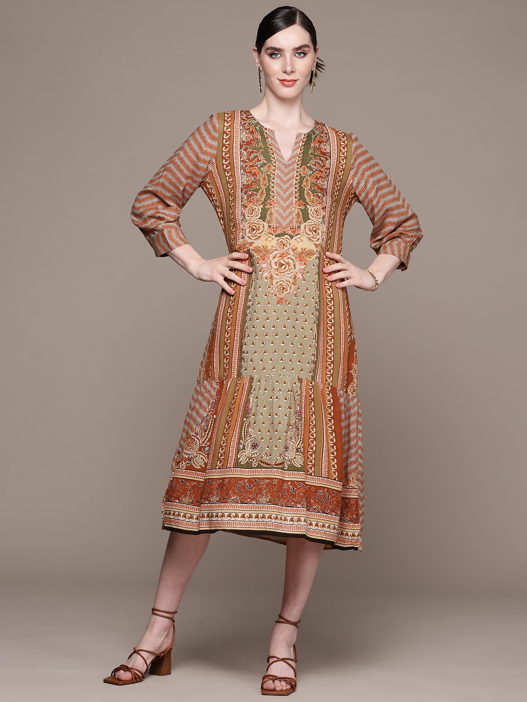 

aarke Ritu Kumar Ethnic Motifs Print A-Line Midi Dress, Orange