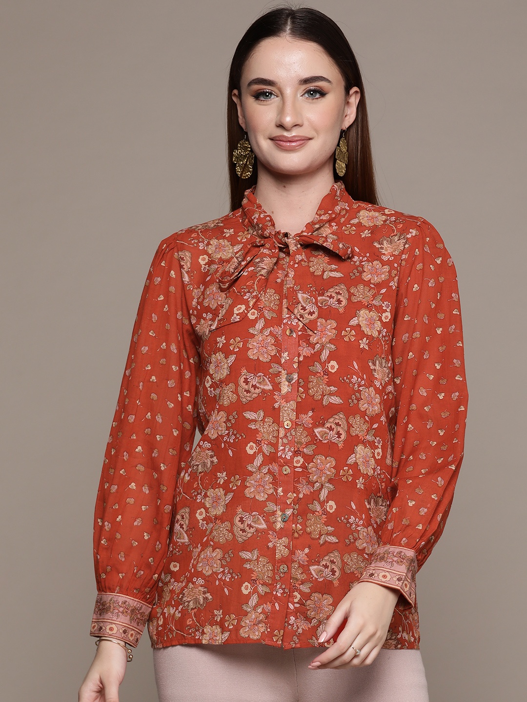 

aarke Ritu Kumar Floral Print Tie-Up Neck Puff Sleeve Shirt Style Top with Camisole, Orange