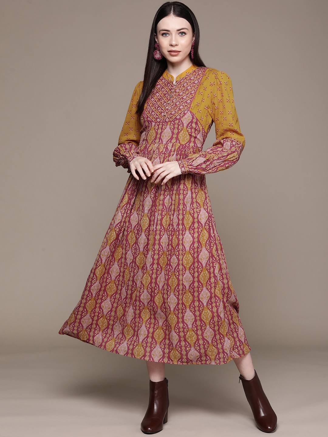 

aarke Ritu Kumar Ethnic Motifs Print A-Line Midi Dress, Fuchsia