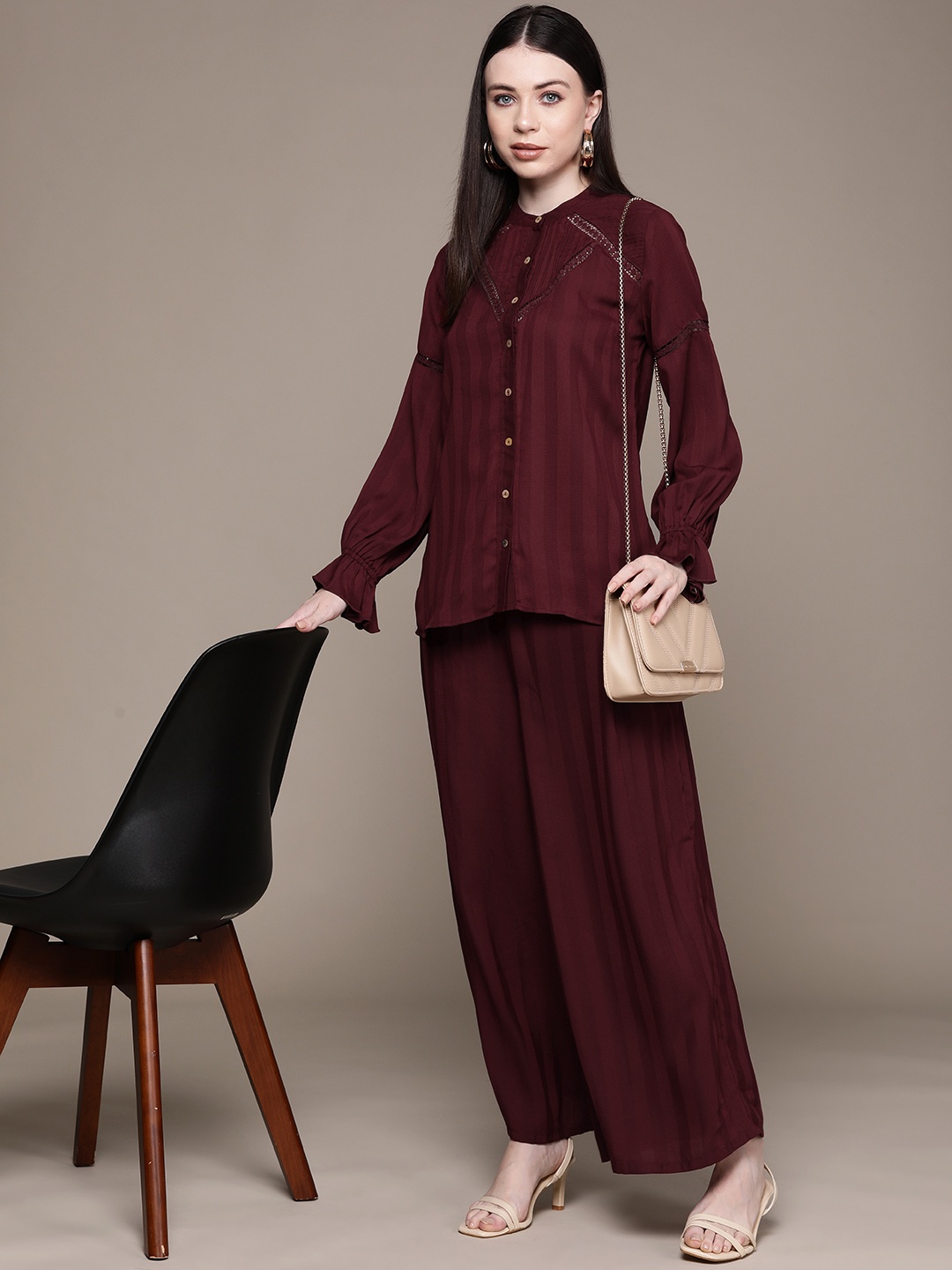 

aarke Ritu Kumar Women Self Design Shirt with Palazzos, Burgundy