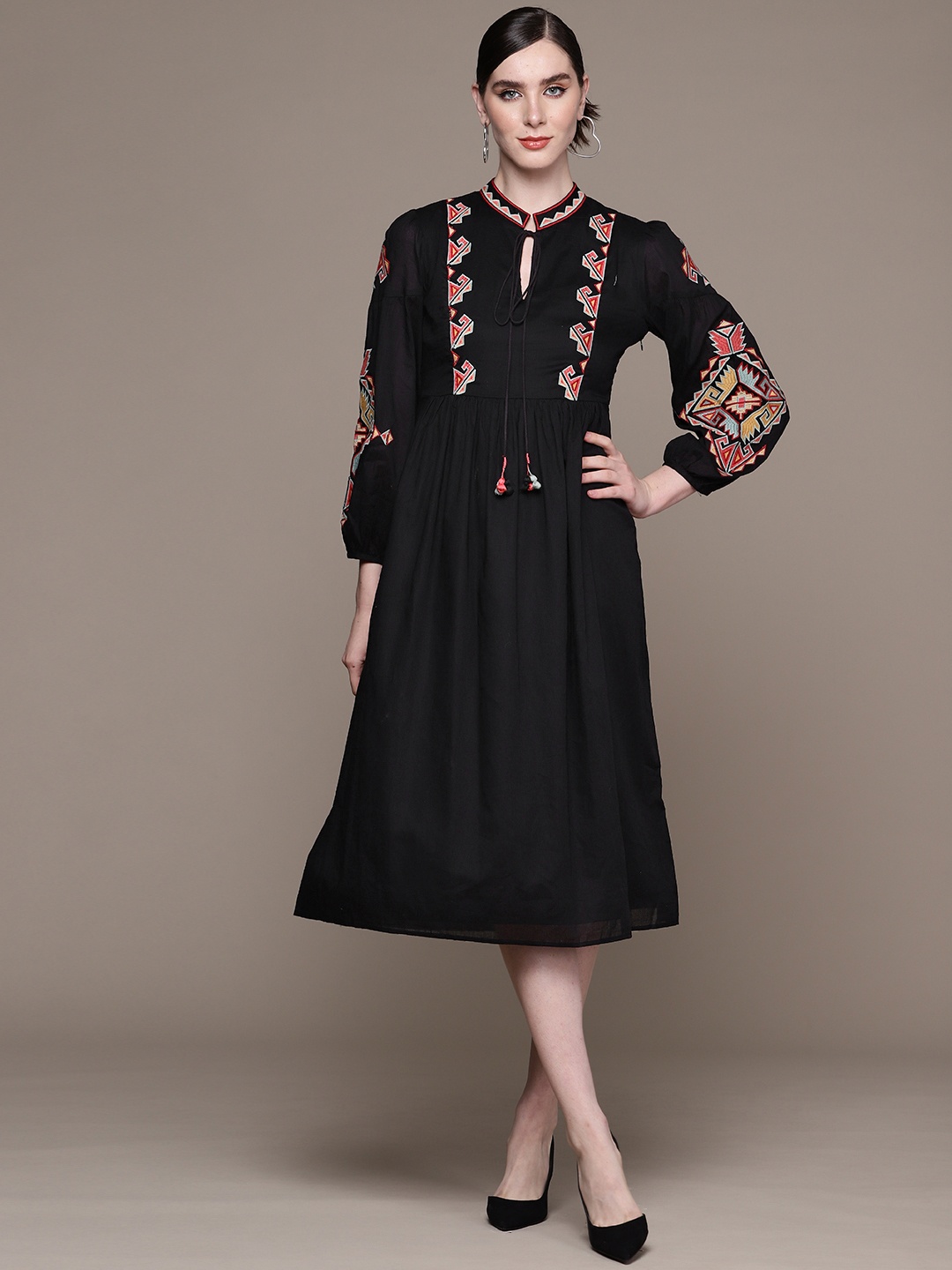 

aarke Ritu Kumar Floral Embroidered Puff Sleeve A-Line Midi Dress, Black