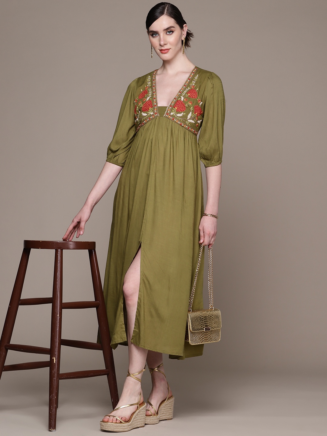 

aarke Ritu Kumar Floral Embroidered Puff Sleeve A-Line Midi Dress, Olive