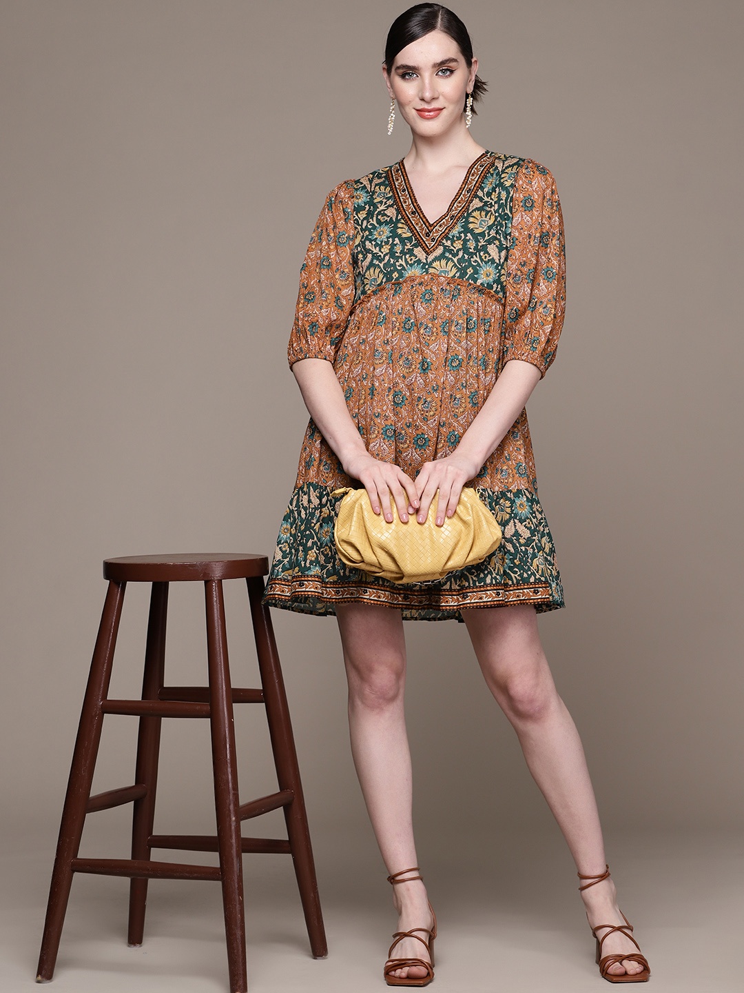 

aarke Ritu Kumar Floral Print Puff Sleeve A-Line Dress, Rust