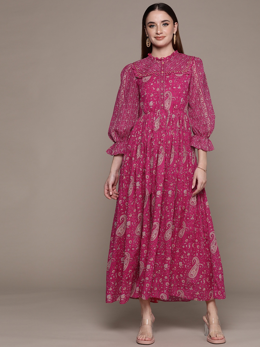 

aarke Ritu Kumar Ethnic Motifs Print Puff Sleeve Georgette A-Line Maxi Dress, Pink