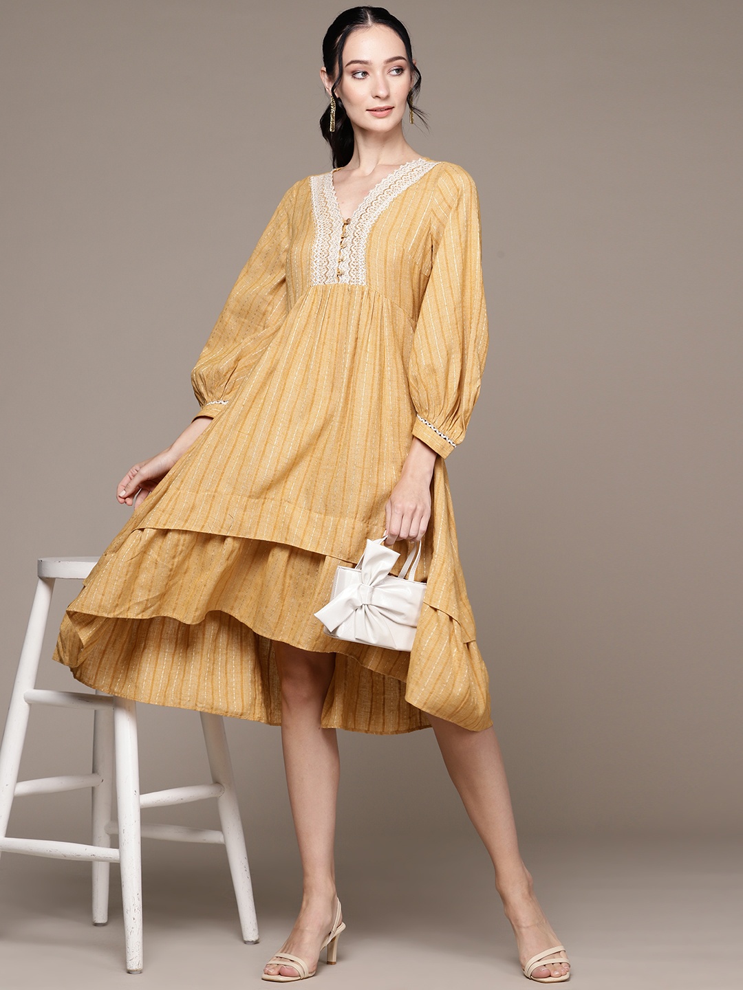 

aarke Ritu Kumar Striped Puff Sleeves Layered A-Line Dress, Yellow