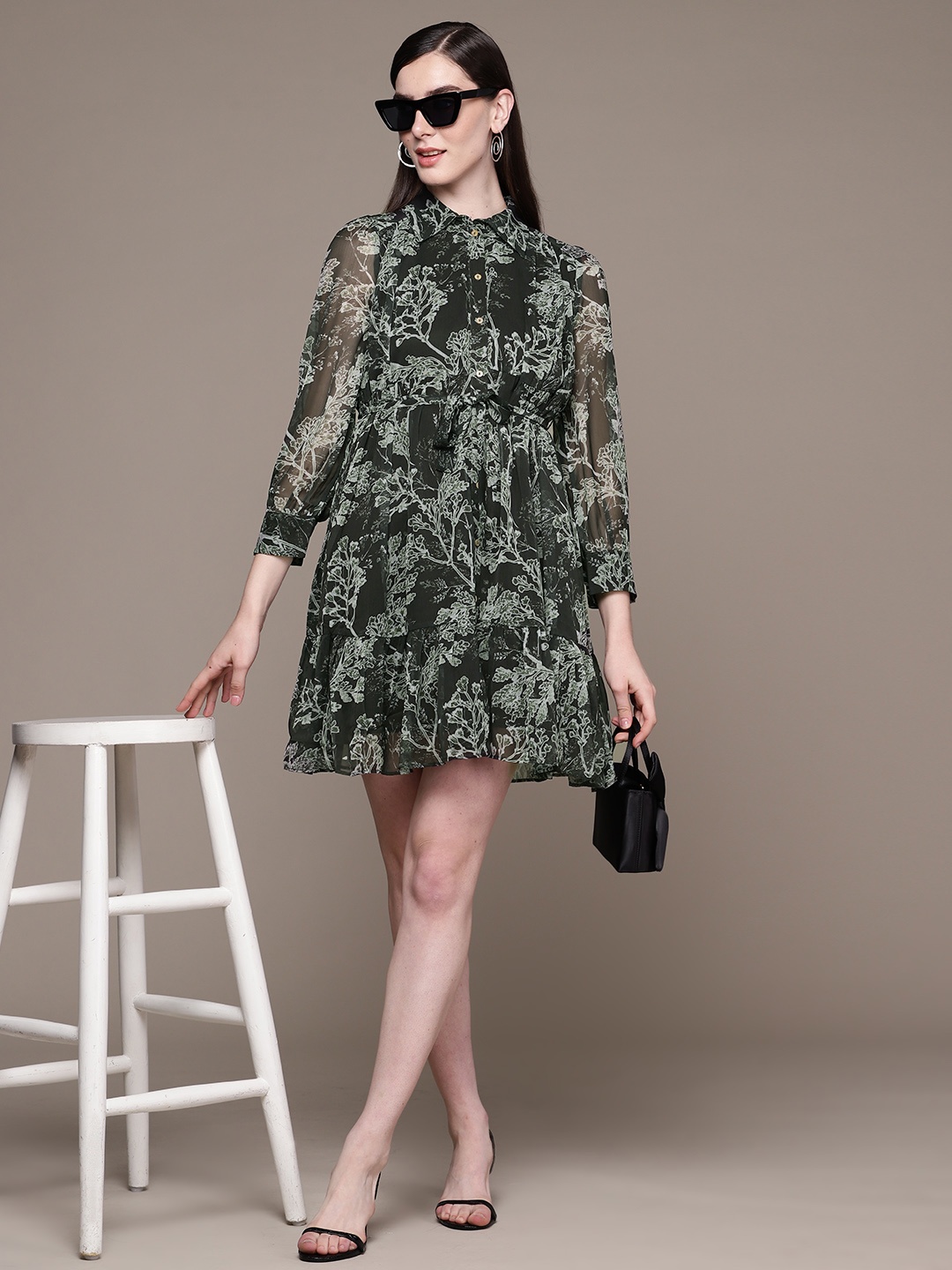 

aarke Ritu Kumar Floral Print Chiffon Shirt Dress, Green