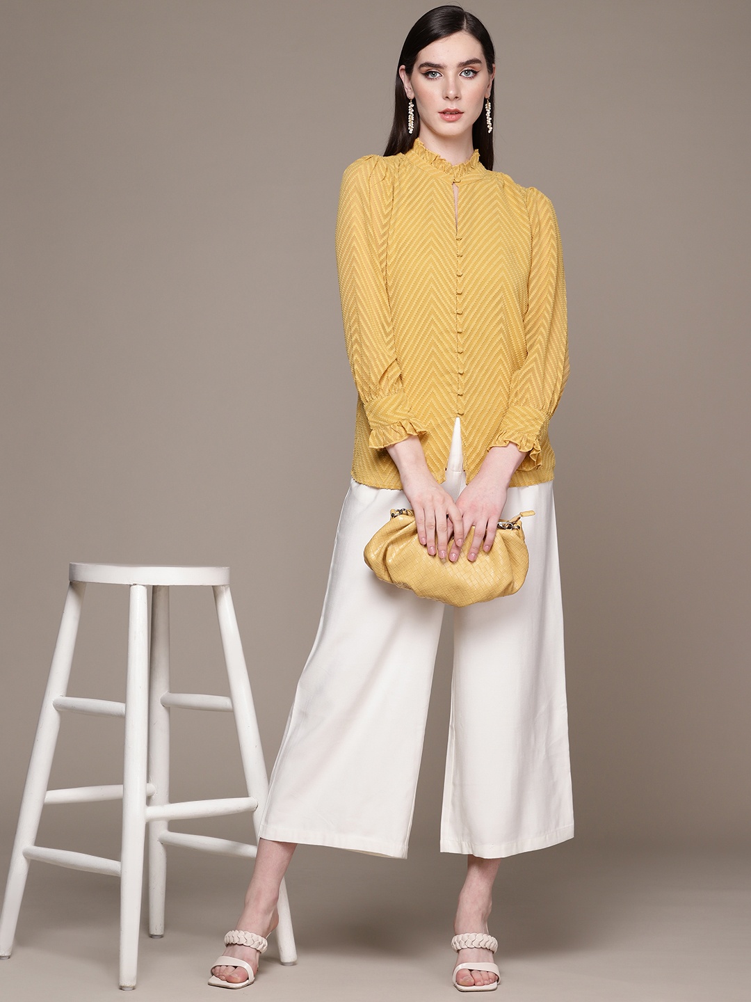 

aarke Ritu Kumar Yellow Geometric Mandarin Collar Puff Sleeve Cotton Shirt Style Top