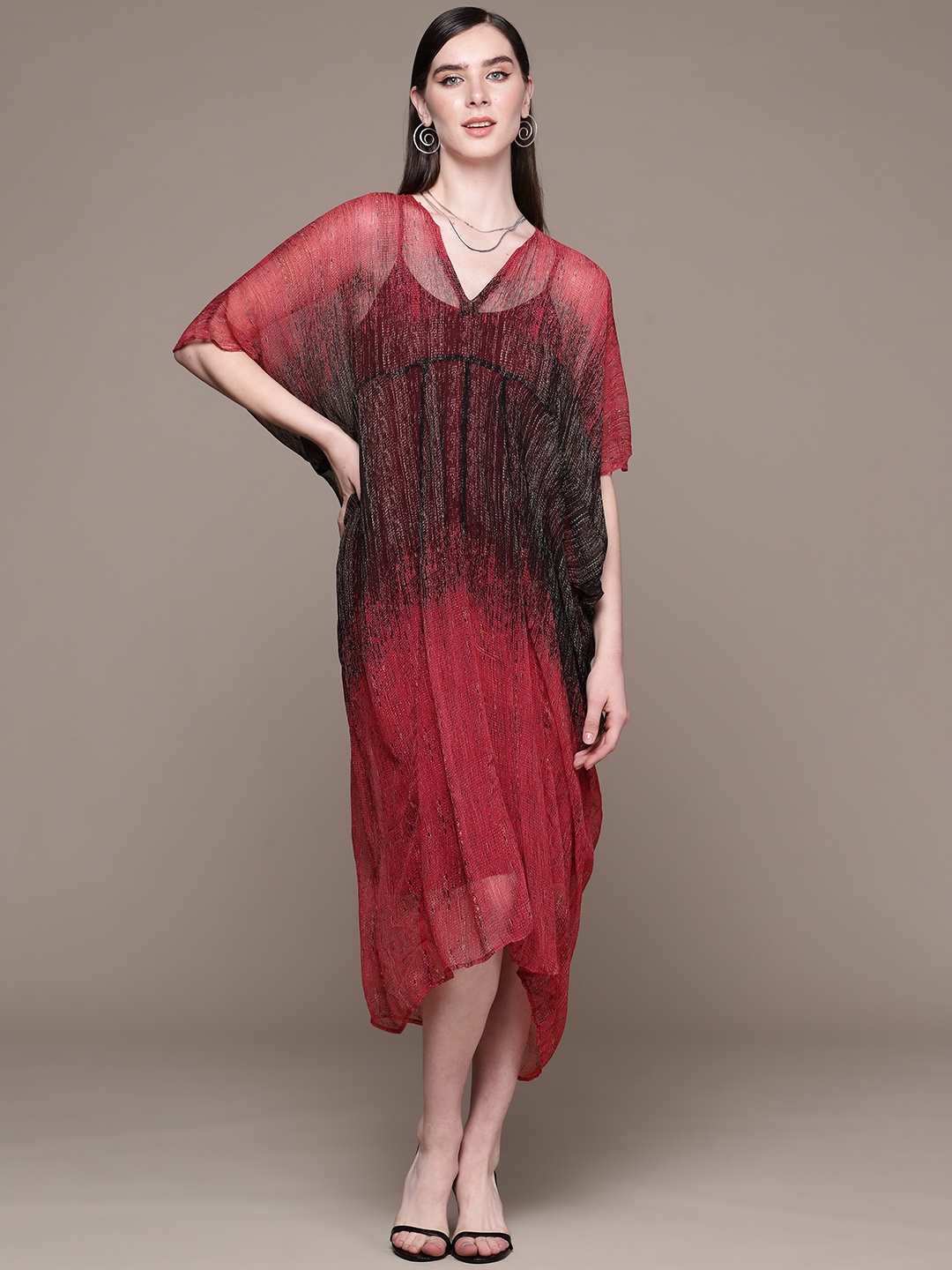 

aarke Ritu Kumar Print Batwing Sleeves Chiffon Kaftan Midi Dress with Camisole, Red