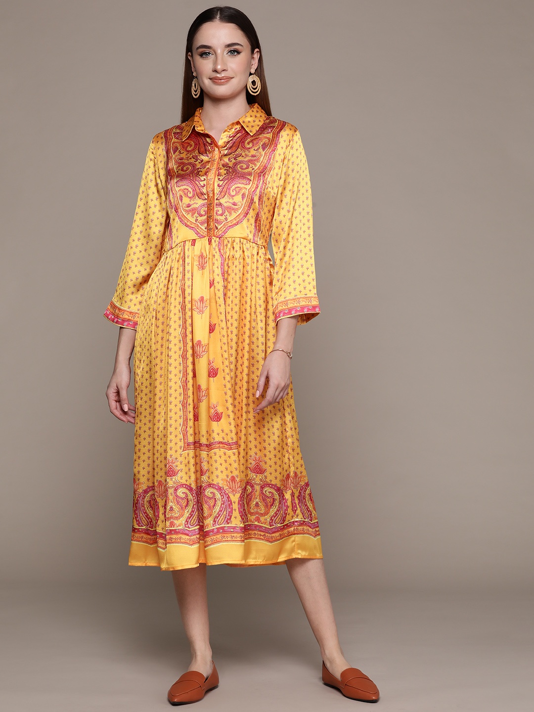 

aarke Ritu Kumar Ethnic Motifs Print A-Line Midi Dress, Yellow