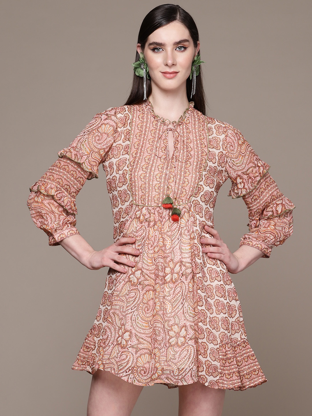 

aarke Ritu Kumar Ethnic Motifs Print Tie-Up Neck Puff Sleeve Ruffled A-Line Mini Dress, Peach