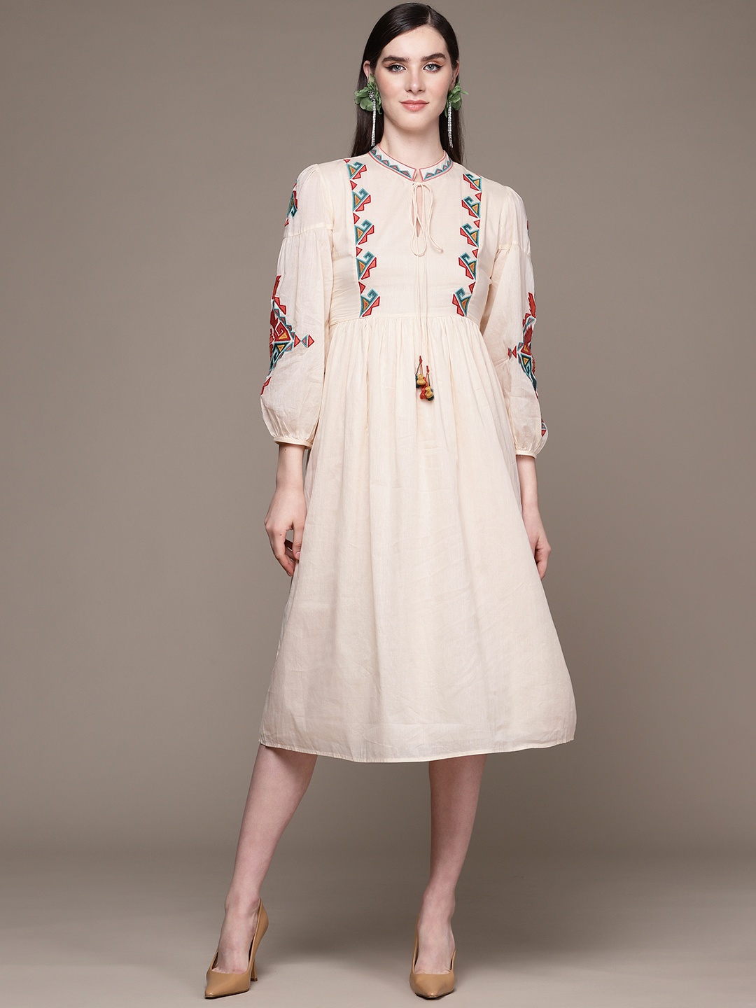 

aarke Ritu Kumar Embroidered Tie-Up Neck Puff Sleeves Fit & Flare Dress, Off white