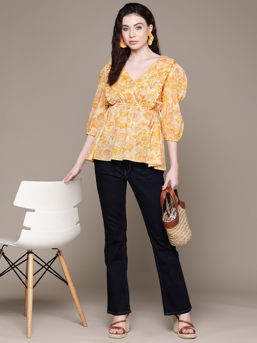 

aarke Ritu Kumar Yellow Floral Print Puff Sleeve Cotton Empire Top