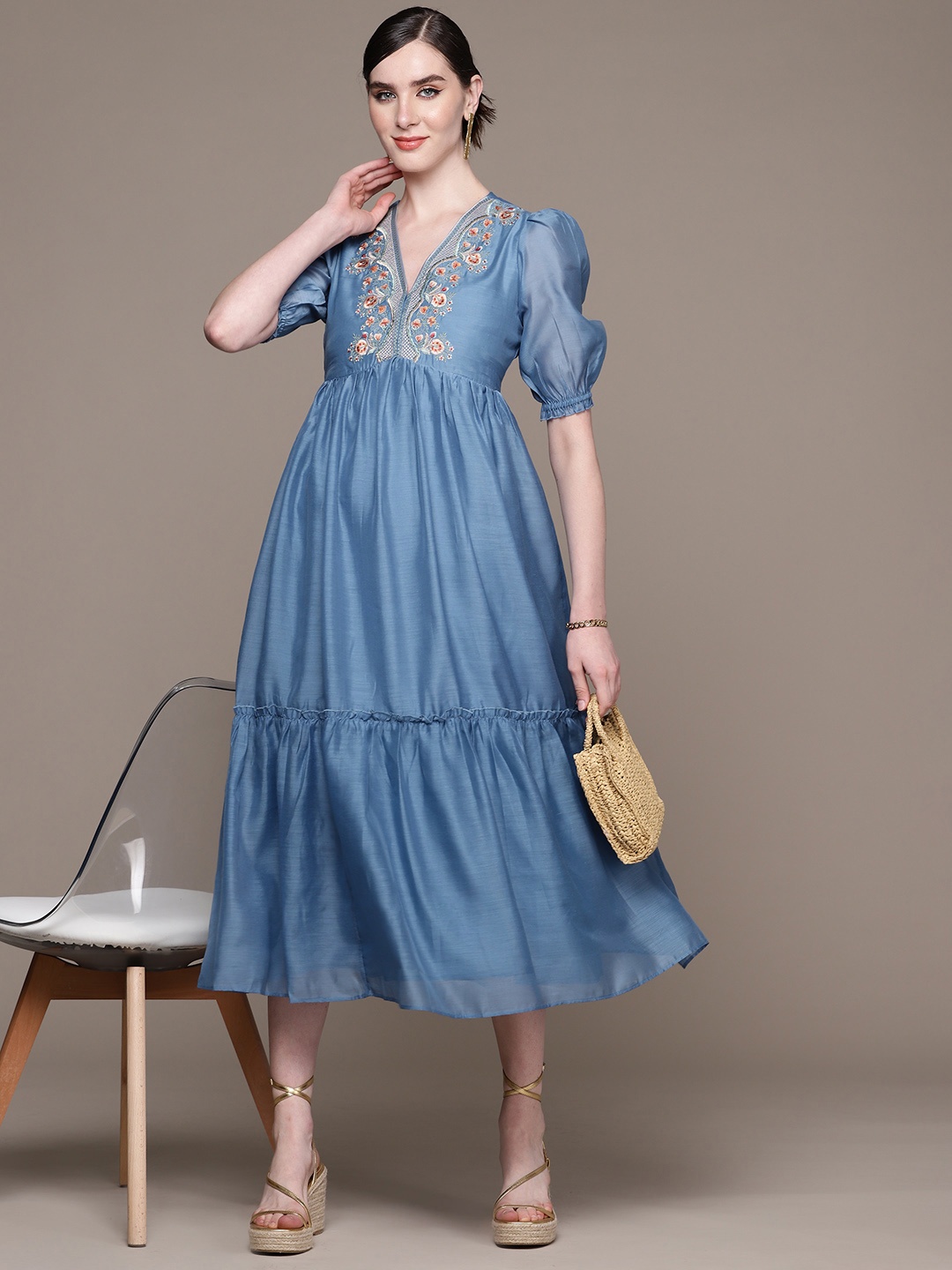 

aarke Ritu Kumar Floral Embroidered Puff Sleeves Tiered A-Line Midi Dress, Blue