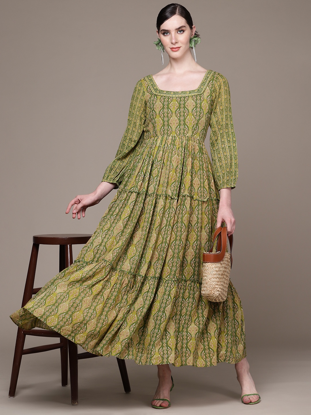 

aarke Ritu Kumar Ethnic Motifs Print Puff Sleeves Tiered A-Line Maxi Dress, Green