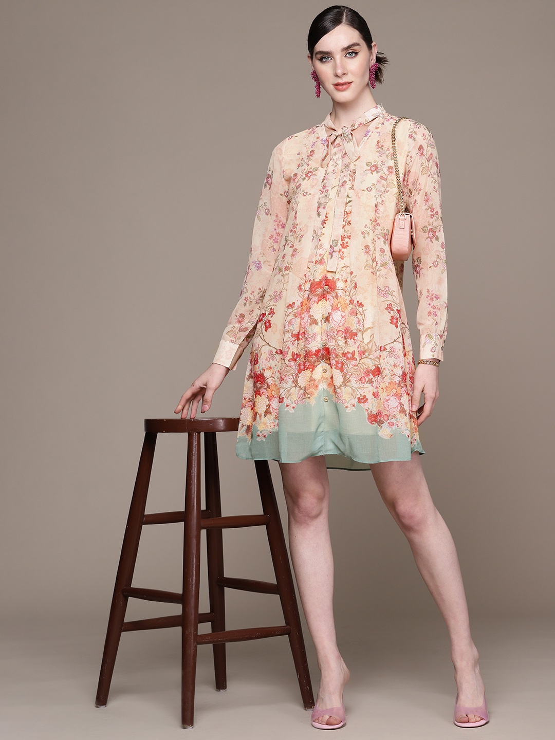 

aarke Ritu Kumar Floral Print Tie-Up Neck Georgette A-Line Dress, Pink