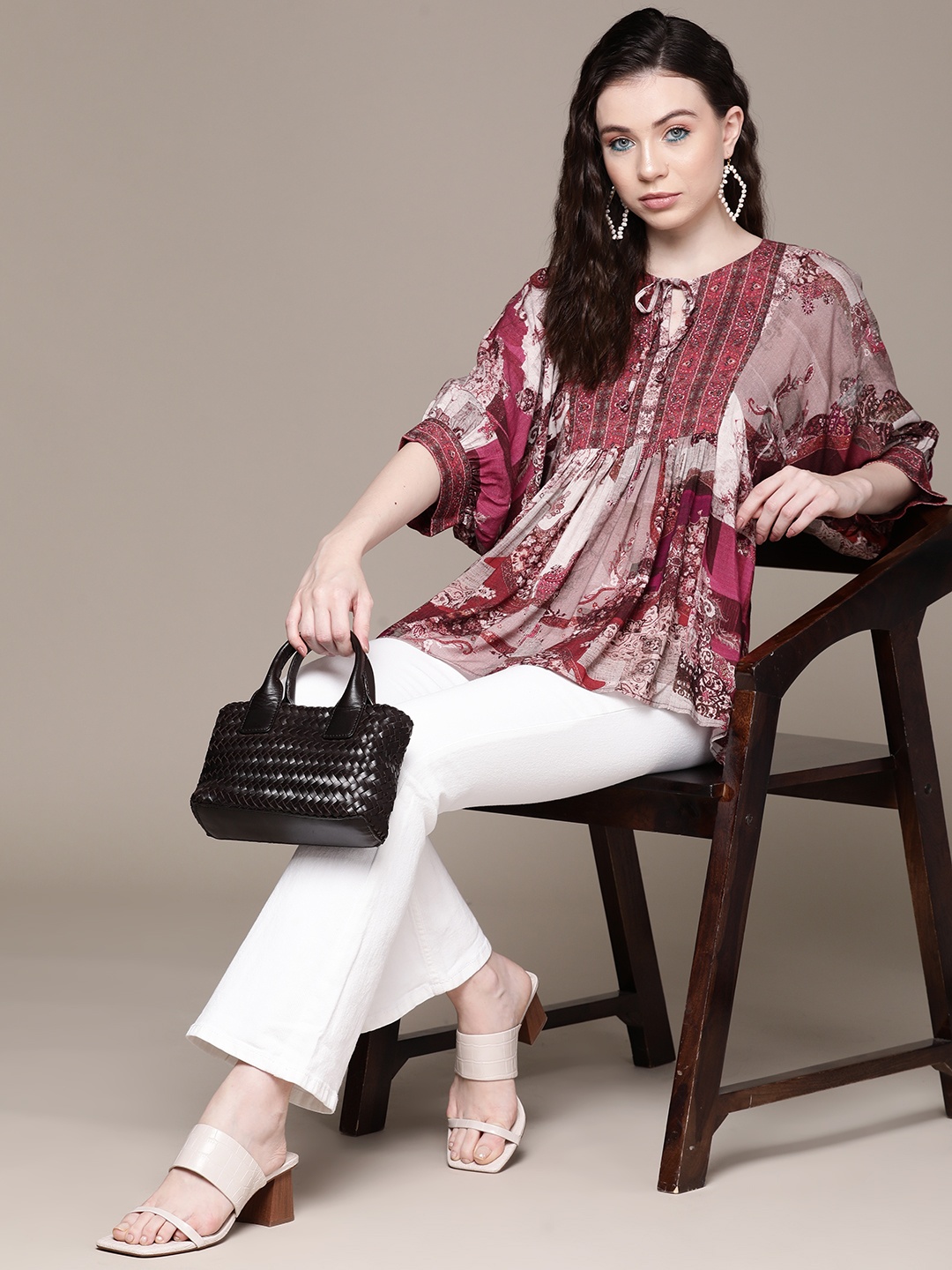 

aarke Ritu Kumar Print Tie-Up Neck Puff Sleeves Ethnic Longline Top, Red