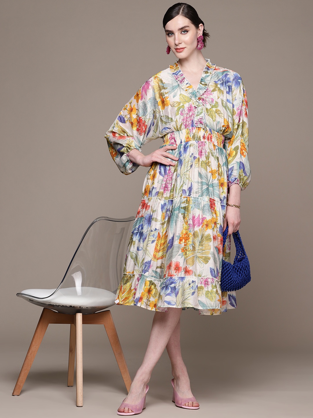 

aarke Ritu Kumar Floral Print Puff Sleeves Tiered Satin A-Line Dress, White