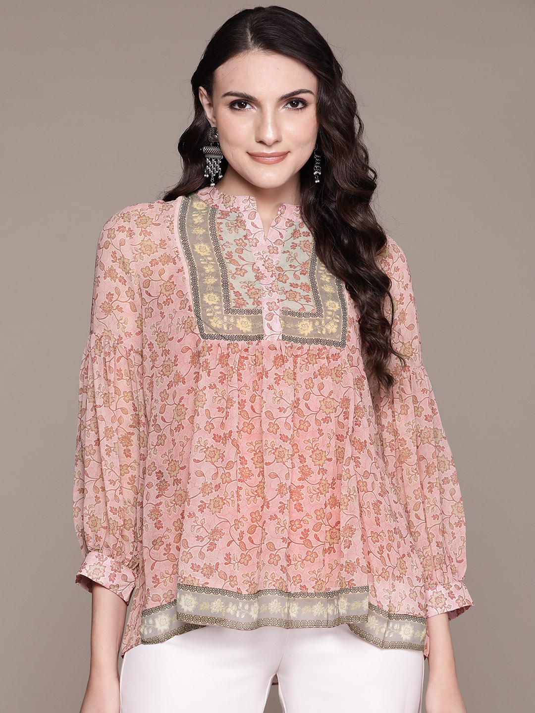 

aarke Ritu Kumar Floral Print Mandarin Collar Puff Sleeve Georgette Top, Pink