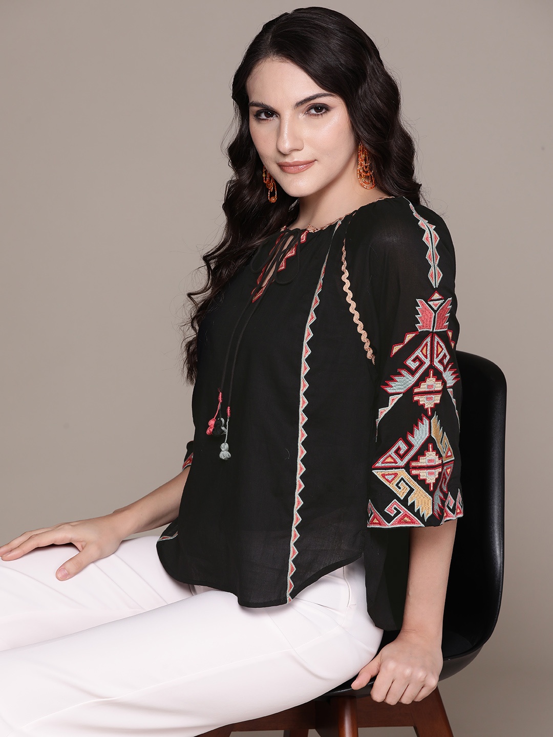 

aarke Ritu Kumar Embroidered Tie-Up Neck Flared Sleeve Cotton Top, Black