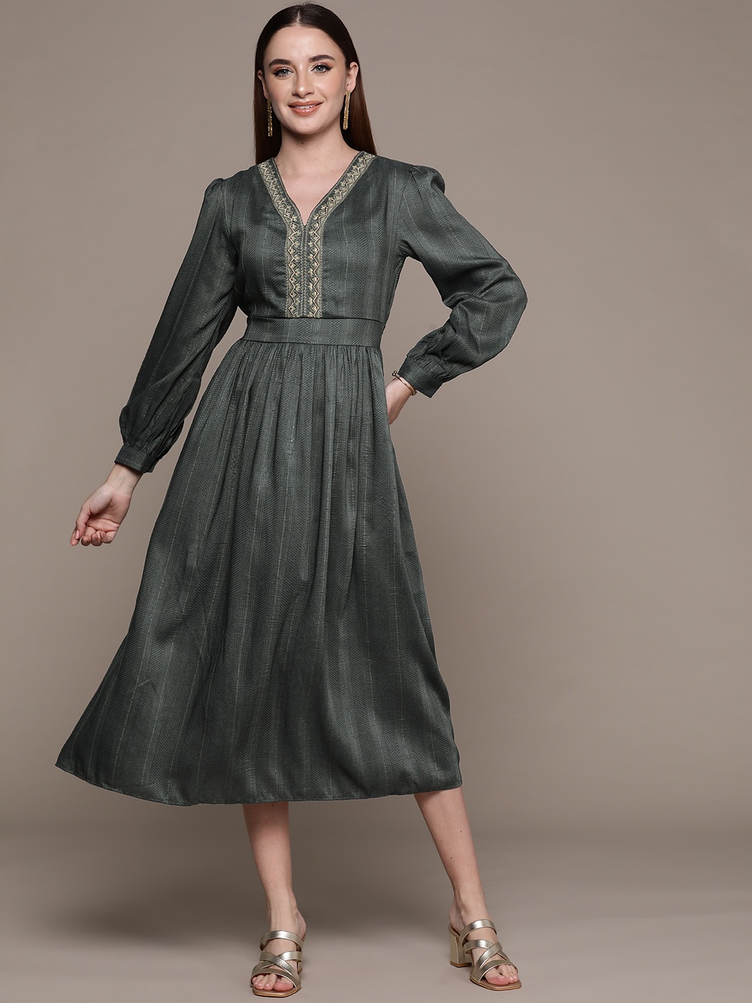 

aarke Ritu Kumar Floral Embroidered Puff Sleeve A-Line Midi Dress, Grey