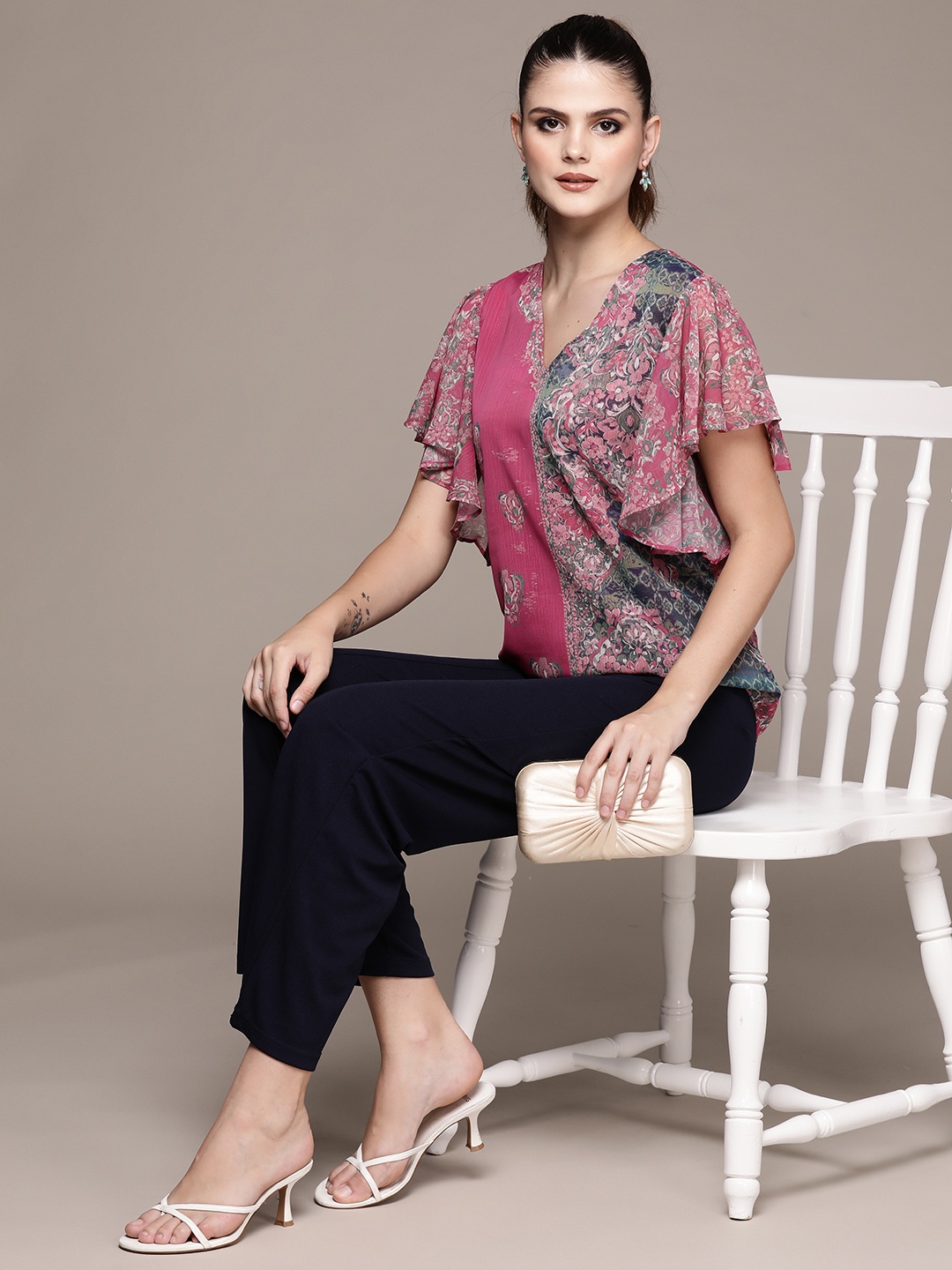 

aarke Ritu Kumar Floral Print Flutter Sleeve Chiffon Top, Pink