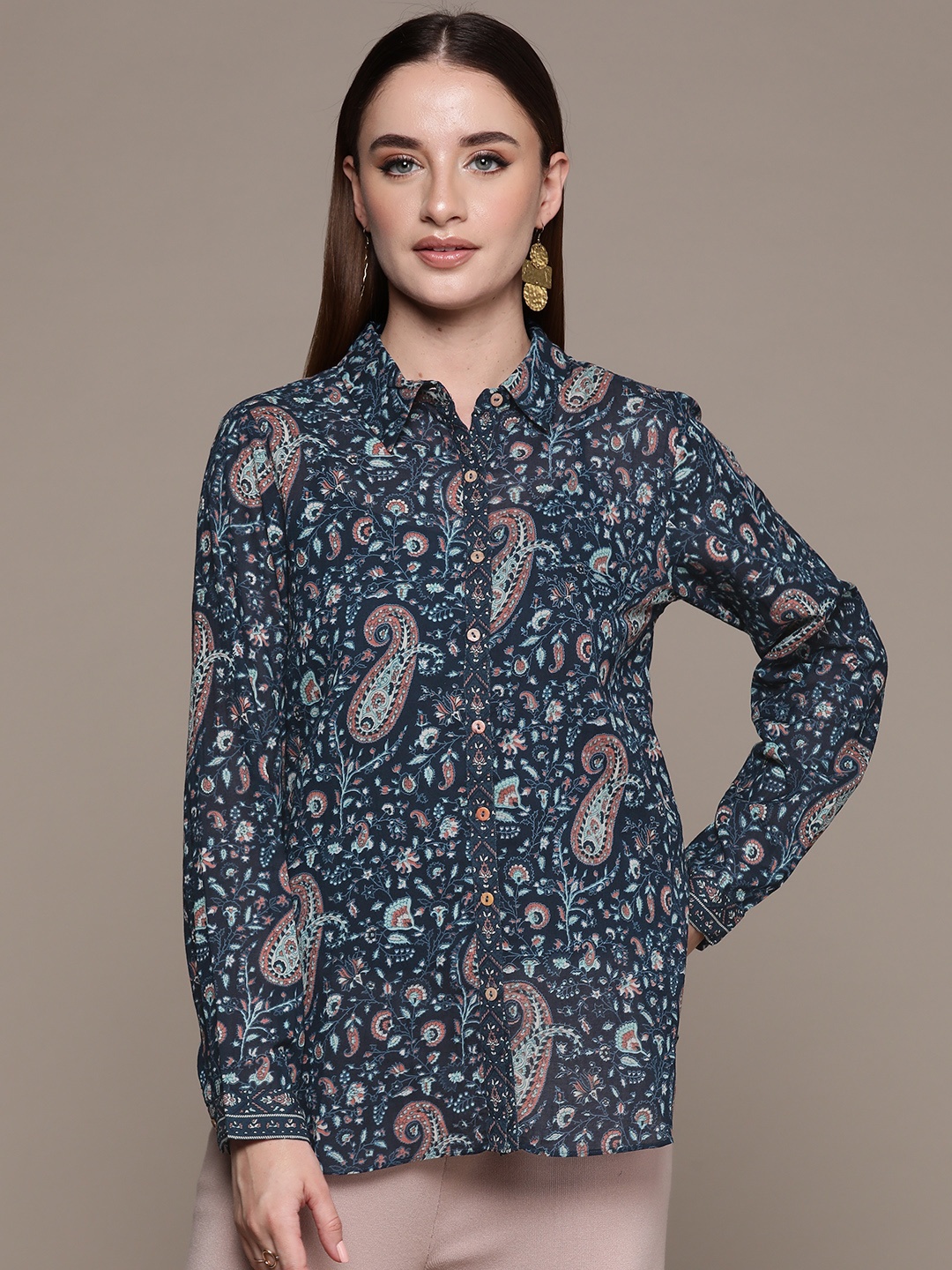 

aarke Ritu Kumar Women Straight Opaque Printed Casual Shirt, Blue